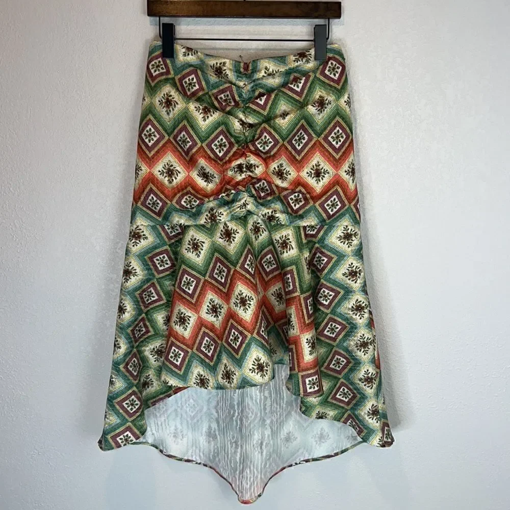 NWT AUTUMN ADEIGBO Soraya Geometric-Print Ruched Bead-Fringe Midi Skirt Size 8
